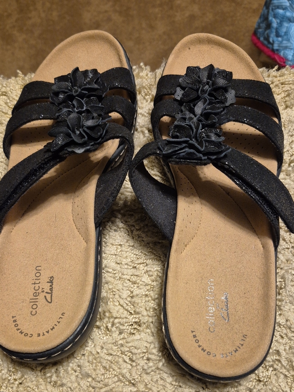 Clarks Women's Black Floral Embellished Slide Sandals